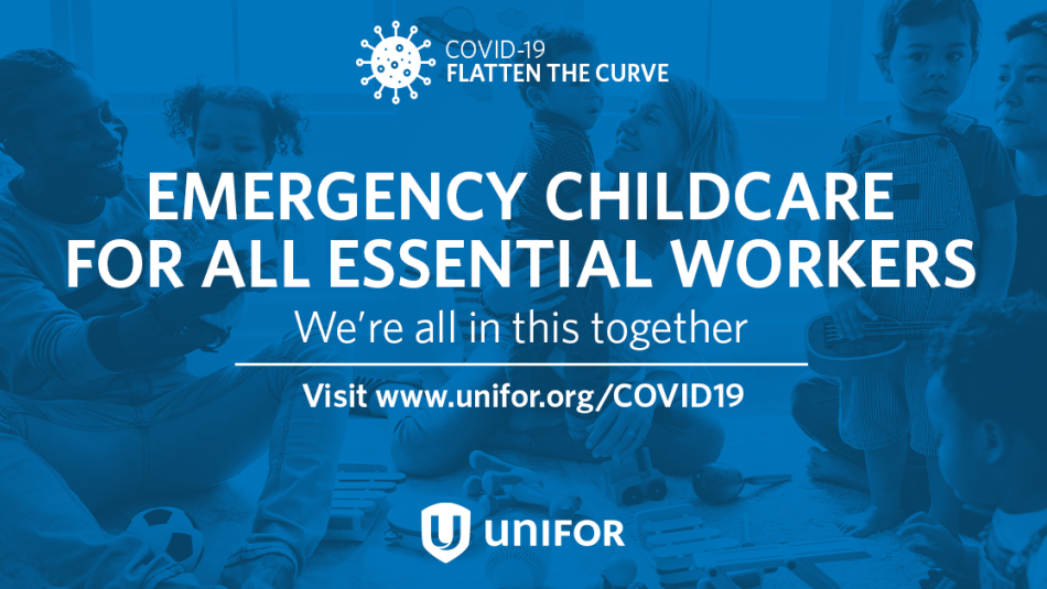 A graphic reads: "Emergency childcare for all essential workers. We're all in this together."